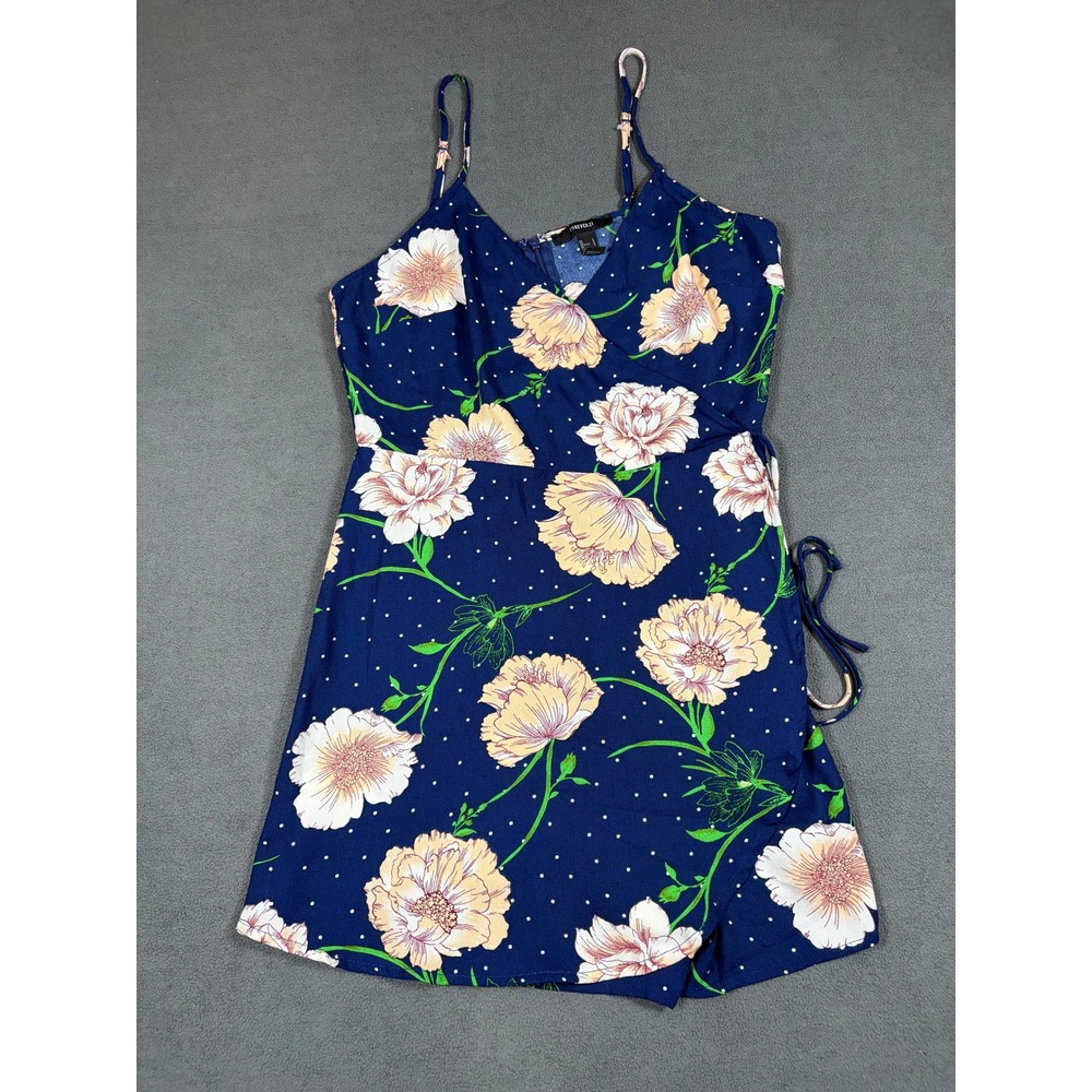 Forever 21 Skort Romper Womens Large Blue Floral Polka Dot Wrap V-Neck